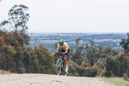 Australian champion Connor Sens crests one of the final climbs of the Gravelista Beechworth Trek Gravel World Series round on Saturday October 29, 2023