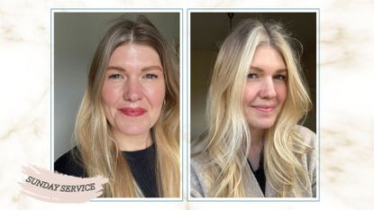 an image of fiona mckim with a grey streak at the front of her hair, then an image of the finished hairstyle with bright streaks at the front 