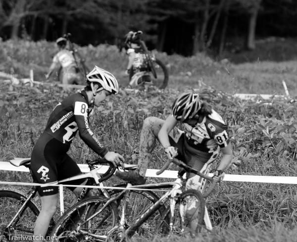 Many riders got tangled with course tape and each other due to the muddy conditions.