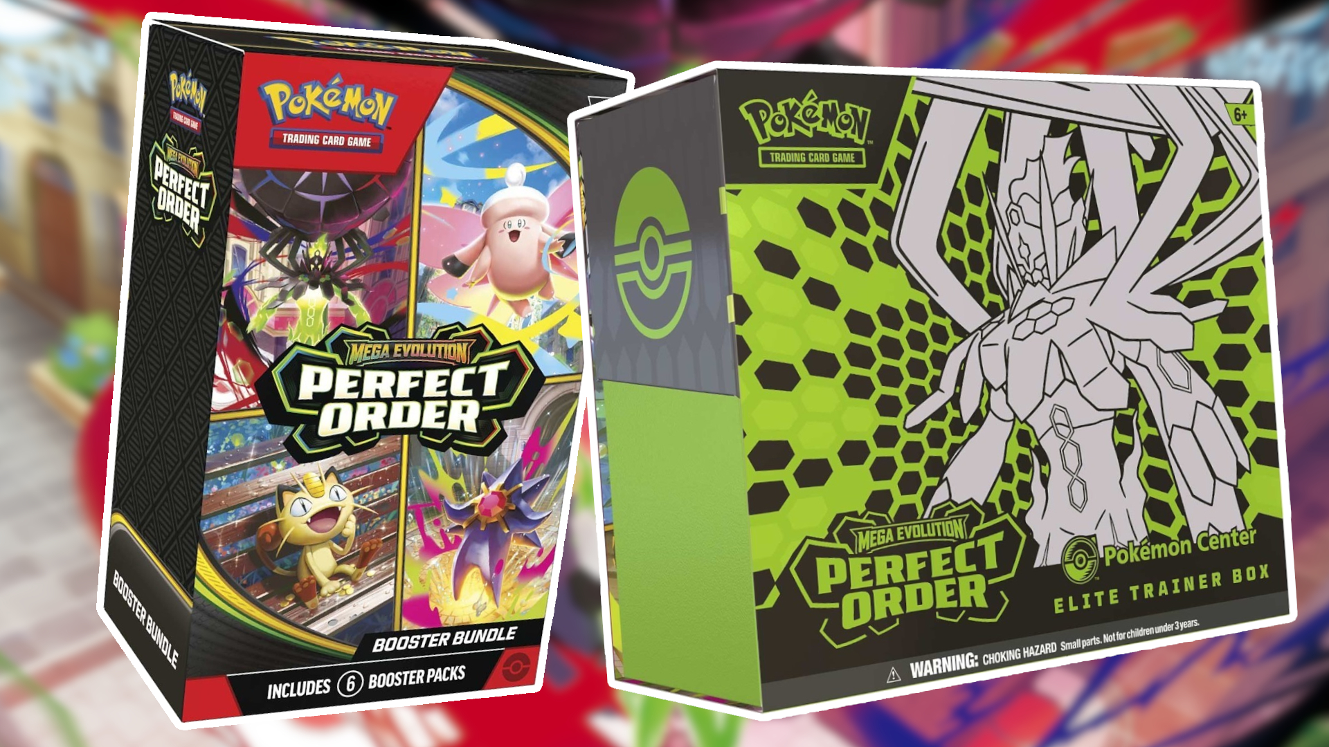 Elite Trainer Box and Booster Bundle for Pokemon TCG Perfect Order, surrounded by white outlines