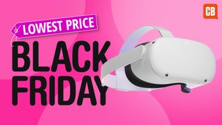 Meta Quest Black Friday deal; a white VR headset on a pink background