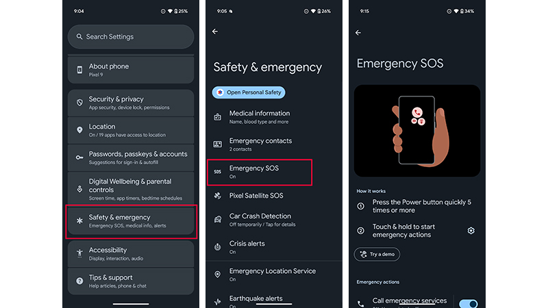 Emergency SOS on the Google Pixel 9