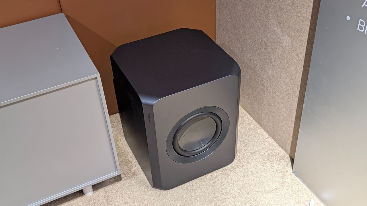 The Hisense UX1 soundbar system, photographed on the show floor at IFA