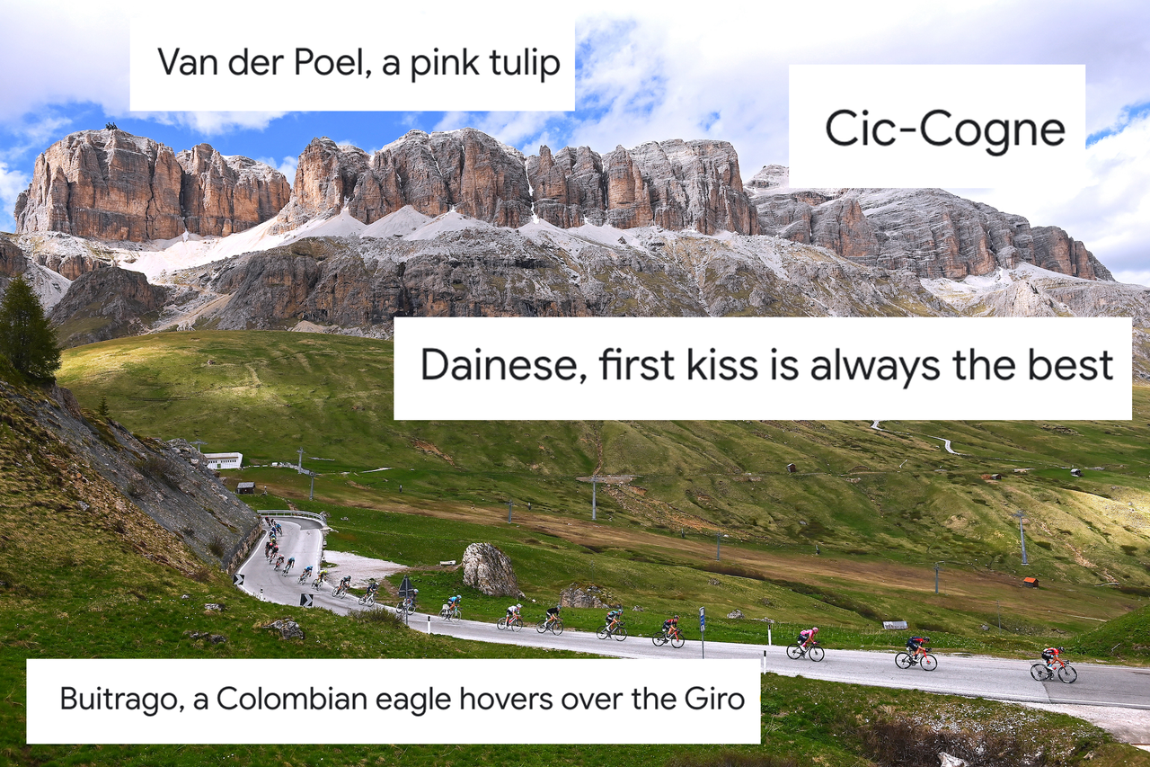 The peloton rides through the Dolomites on stage 20 of the Giro d&#039;Italia 2022, with headlines overlaid