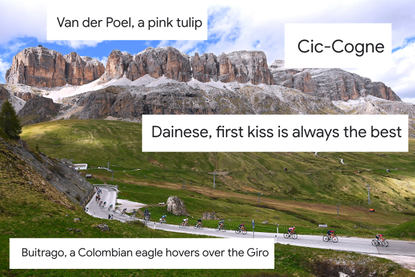 The peloton rides through the Dolomites on stage 20 of the Giro d'Italia 2022, with headlines overlaid