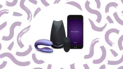wevibe sync vibrator next to phone displaying app on a lilac swirl background