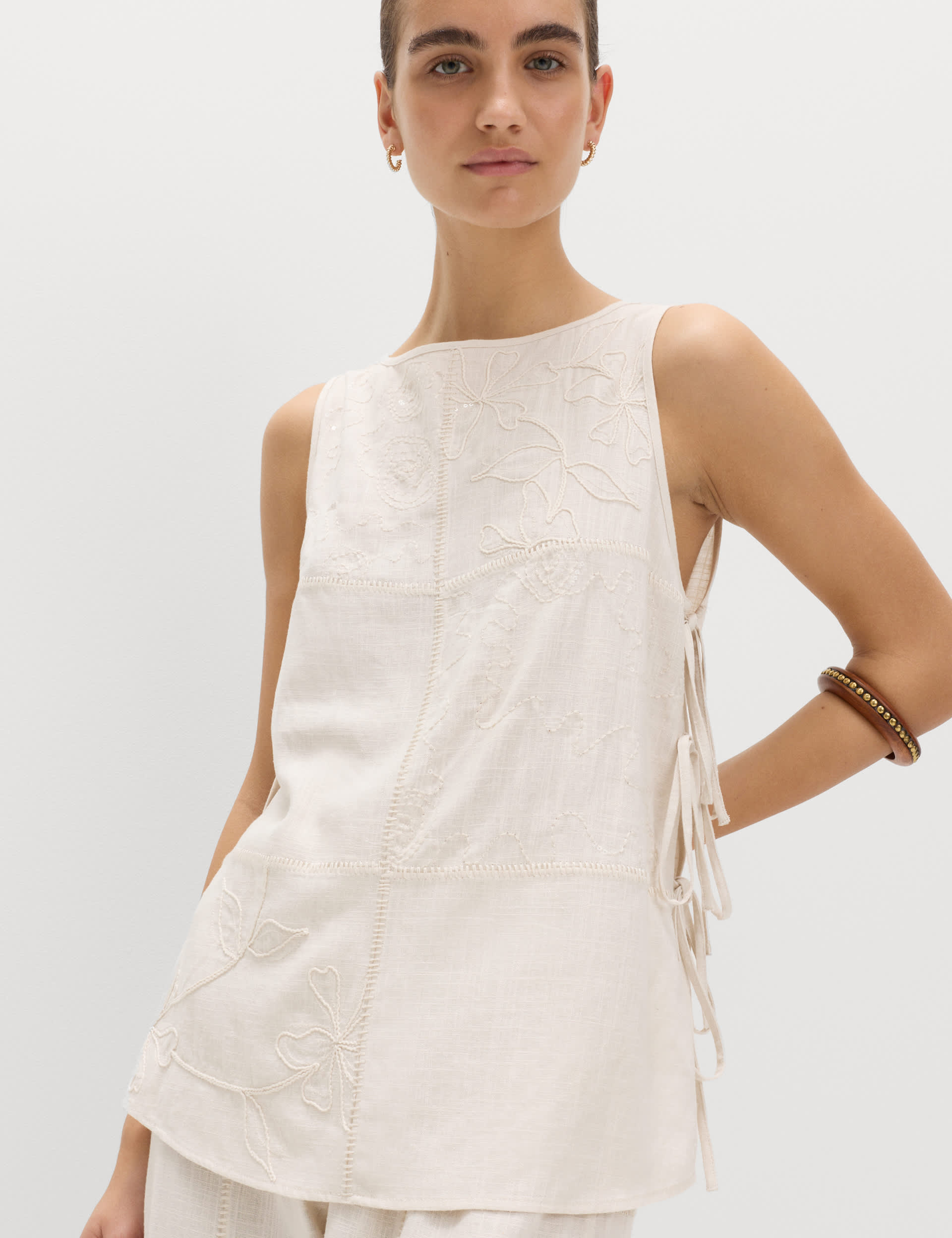 Patchwork Tie Side Vest With Linen