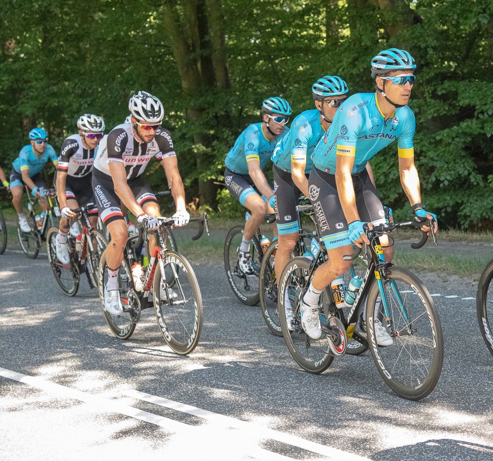 Astana riders lead the bunch during stage 2 at the tour of denmark