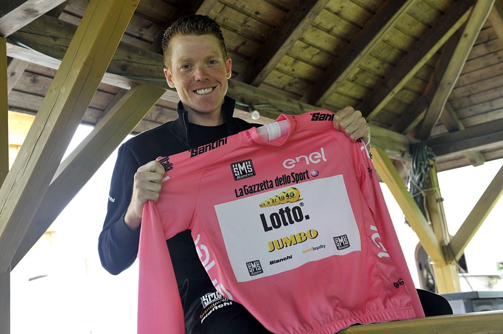 Dutch Steven Kruijswijk of team Lotto NL poses with the pink jersey during the 3rd rest day of Giro d'Italia