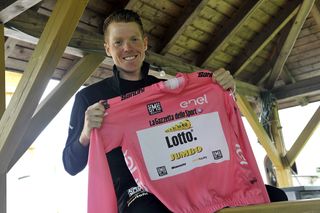 Dutch Steven Kruijswijk of team Lotto NL poses with the pink jersey during the 3rd rest day of Giro d'Italia