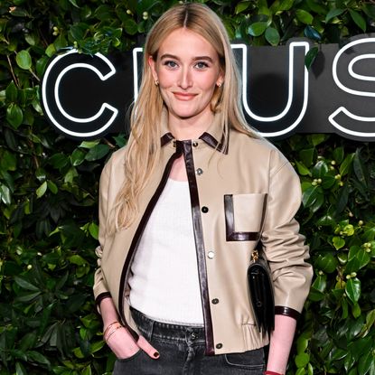 Sarah Pidgeon attended a Chanel brand event in black jeans, a leather coat, and cap-toe pumps