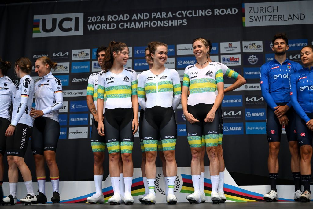 ZURICH SWITZERLAND SEPTEMBER 25 Gold medalists Michael Matthews Ben Oconnor Jay Vine Grace Brown Brodie Chapman Ruby RosemanGannon of Team Australia pose on the podium during the 97th UCI Cycling World Championships Zurich 2024 Mixed Relay Team Time Trial a 537km one day race from Zurich to Zurich on September 25 2024 in Zurich Switzerland Photo by Dario BelingheriGetty Images