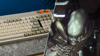 The Lofree Block keyboard next to an image from Alien Isolation.