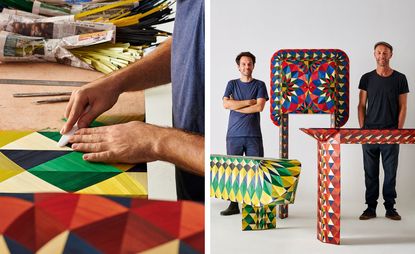 Arthur Seigneur (left) and Adam Goodrum with their pieces for the ‘Exquisite Corpse’ exhibition. From left, ‘Longbow’ credenza, ‘Talleo’ tallboy and ‘Archant’ console feature unconventional shapes and geometric patternwork, their parabolic tessellations inspired by lotus flowers. Photography: Victoria Zschommler