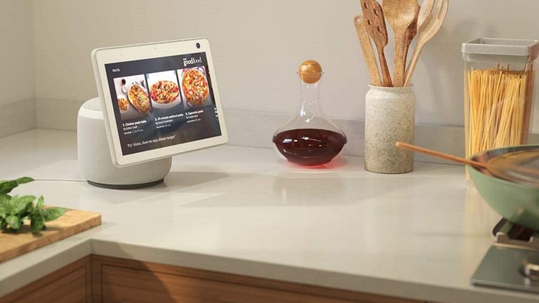 best smart speaker: Amazon Echo Show 10 in kitchen showing recipes
