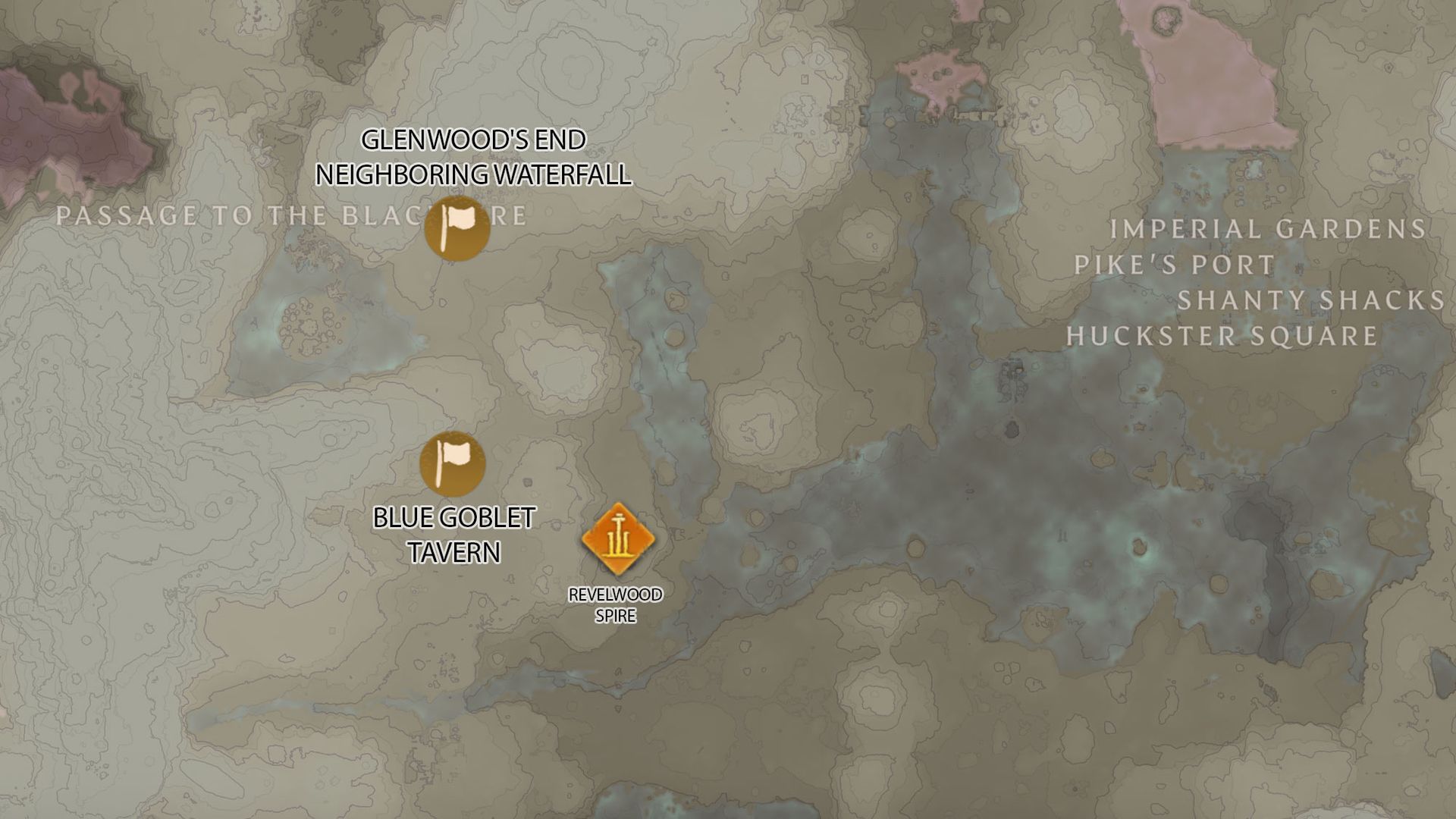 Enshrouded map highlighting base locations in Revelwood