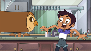 A screenshot of Luz screaming at an owl in The Owl House.