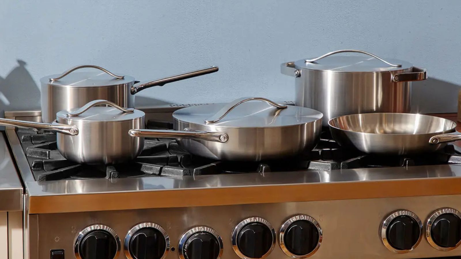 Caraway Stainless Steel set on a gas stove