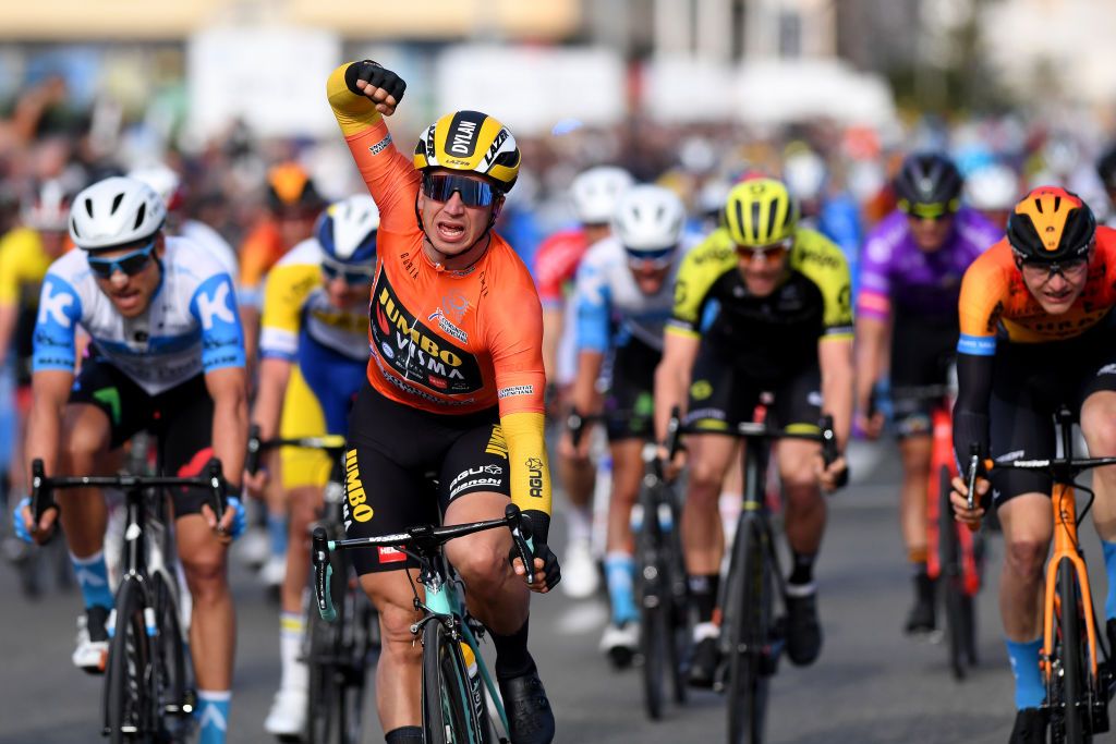 TORREVIEJA SPAIN FEBRUARY 07 Arrival Dylan Groenewegen of The Netherlands and Team JumboVisma Orange Combined Jersey Celebration Matej Mohoric of Slovenia and Team BahrainMclaren Davide Cimolai of Italy and Team Israel StartUp Nation Luka Mezgec of Slovenia and Team MitcheltonScott during the 71st Volta a la Comunitat Valenciana 2020 Stage 3 a 1746km stage from Orihuela to Torrevieja VueltaCV VCV2020 on February 07 2020 in Torrevieja Spain Photo by David RamosGetty Images