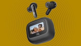 JBL Live Beam 3 earbuds and charging case, showing its screen, on an orange background