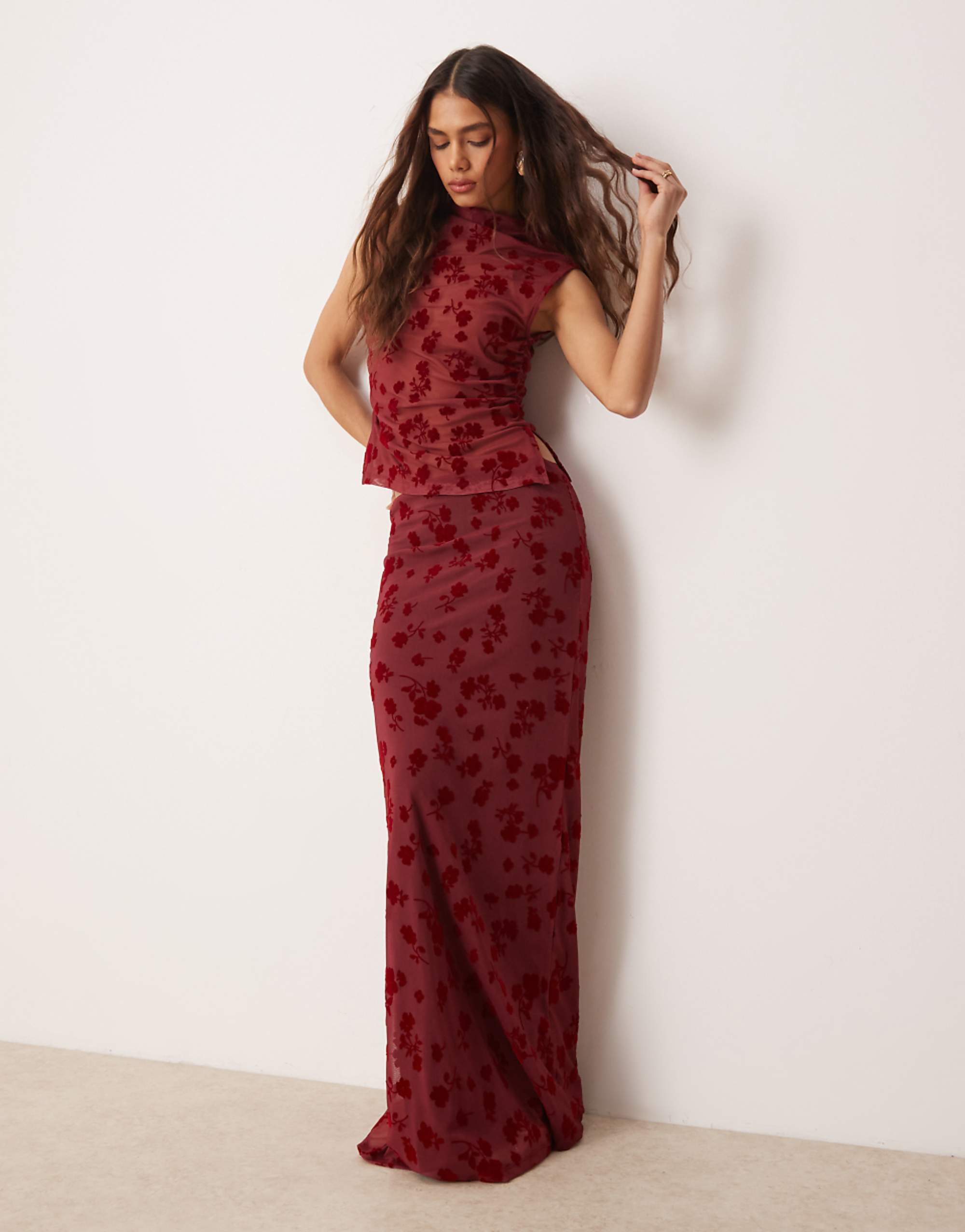 Asos Design Flocked Mesh Low Rise Co Ord Maxi Skirt in Red