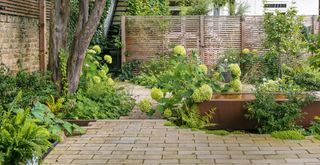 Small courtyard garden with generous borders to show how to make a small garden look bigger with planting