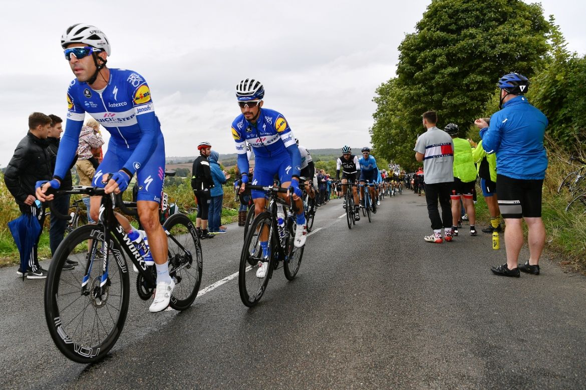Julian Alaphilippe's green jersey under wraps in the wet weather