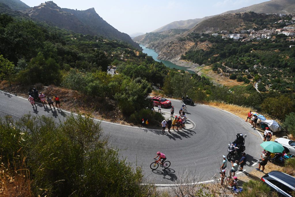 GRANADA SPAIN AUGUST 25 A general view of Richard Carapaz of Ecuador and Team EF Education EasyPost competes in the breakaway climbing to the Alto de Hazallanas 1672m during the La Vuelta 79th Tour of Spain 2024 Stage 9 a 1785km stage from Motril to Granada UCIWT on August 25 2024 in Granada Spain Photo by Dario BelingheriGetty Images