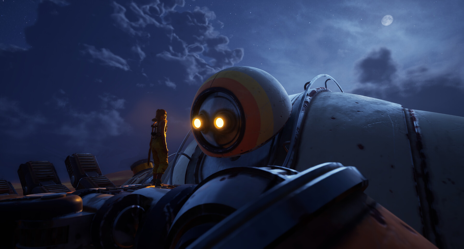 Robot holding person in hand and peering at them
