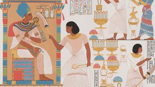 Reproduction of art showing Tutankhamun on the Egyptian throne