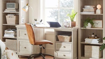 Leather desk chair in neutral office