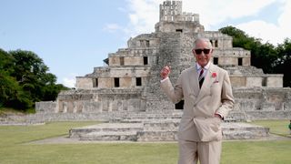 Prince Charles, Prince of Wales gestures as he visits Edzna Maya archaeological site on November 4, 2014 in Campeche, Mexico. The Royal Couple are on the second day of a four day visit to Mexico as part of a Royal tour to Colombia and Mexico. The Duchess was scheduled to visit the site today but had to pull out due to health reasons.