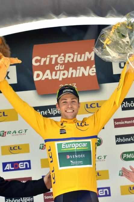 David Veilleux (Europcar) in the yellow jersey at the Criterium du Dauphine