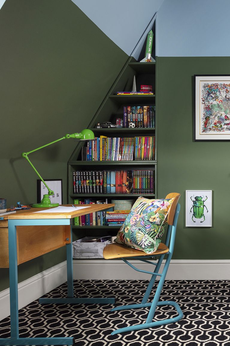 how to design a kid's room A brightly decorated childrens room green walls desk