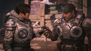 Screenshot from Gears of War 5 showing Marcus Fenix and Kait Diaz.