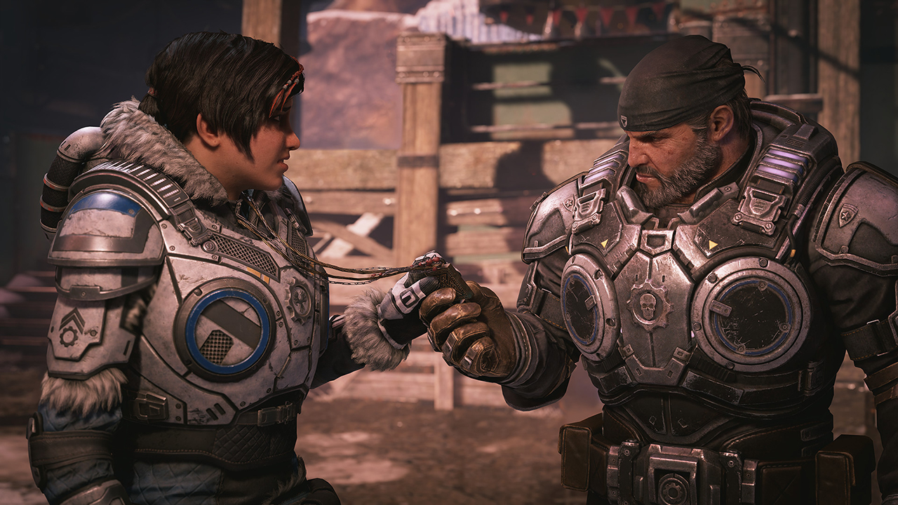 Screenshot from Gears of War 5 showing Marcus Fenix ​​​​and Kait Diaz.