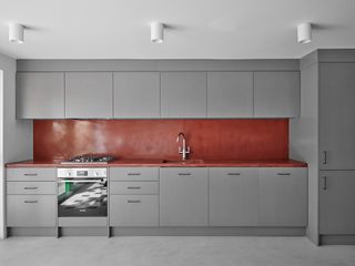 grey and red kitchen in london home