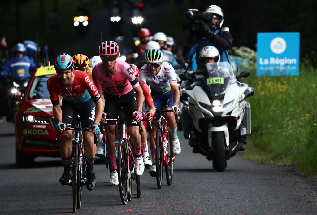 Riders break away from the pack during the second stage of the 75th edition of the Criterium du Dauphine cycling race 1673 kms betwenn BrassaclesMines and La ChaiseDieu central France on June 5 2023 Photo by AnneChristine POUJOULAT AFP Photo by ANNECHRISTINE POUJOULATAFP via Getty Images
