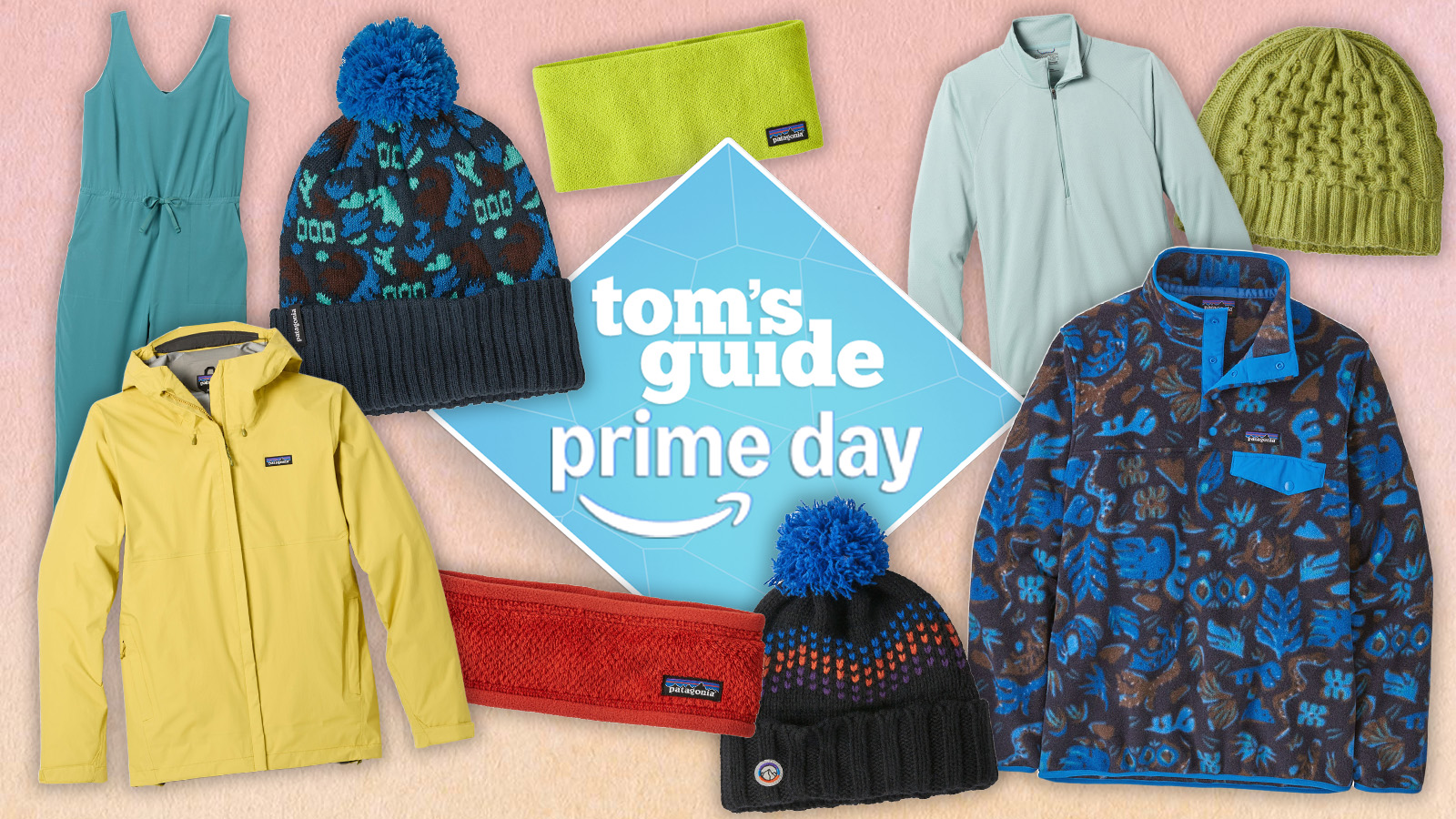 a composite image on a peach pink background with a tom&#039;s guide prime day badge showing patagonia jackets, hats, headbands, shirts, and a jumpsuit