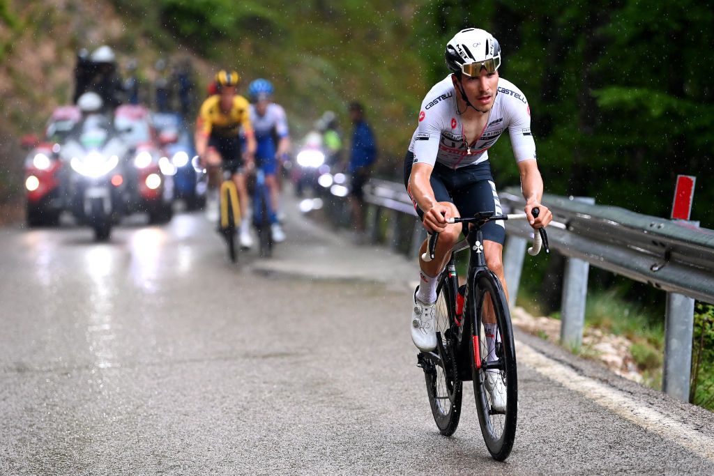 MONTE BONDONE ITALY MAY 23 Joo Almeida of Portugal and UAE Team Emirates White best young jersey attacks in the breakaway during the 106th Giro dItalia 2023 Stage 16 a 203km stage from Sabbio Chiese to Monte Bondone 1642m UCIWT on May 23 2023 in Monte Bondone Italy Photo by Tim de WaeleGetty Images