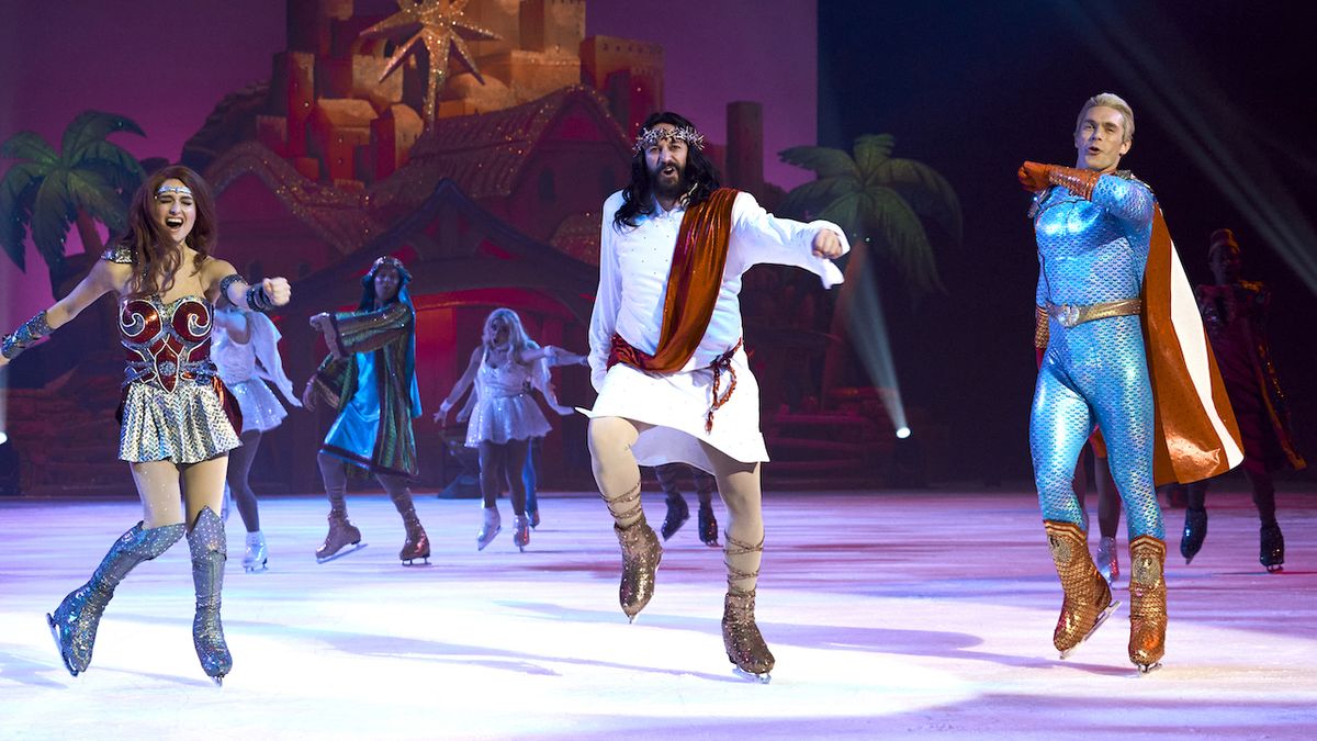 Maeve, Homelander and Jesus skating and singing in Vought Ice Show in The Boys