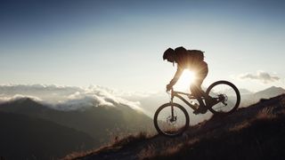 Person downhill mountain biking at sunset