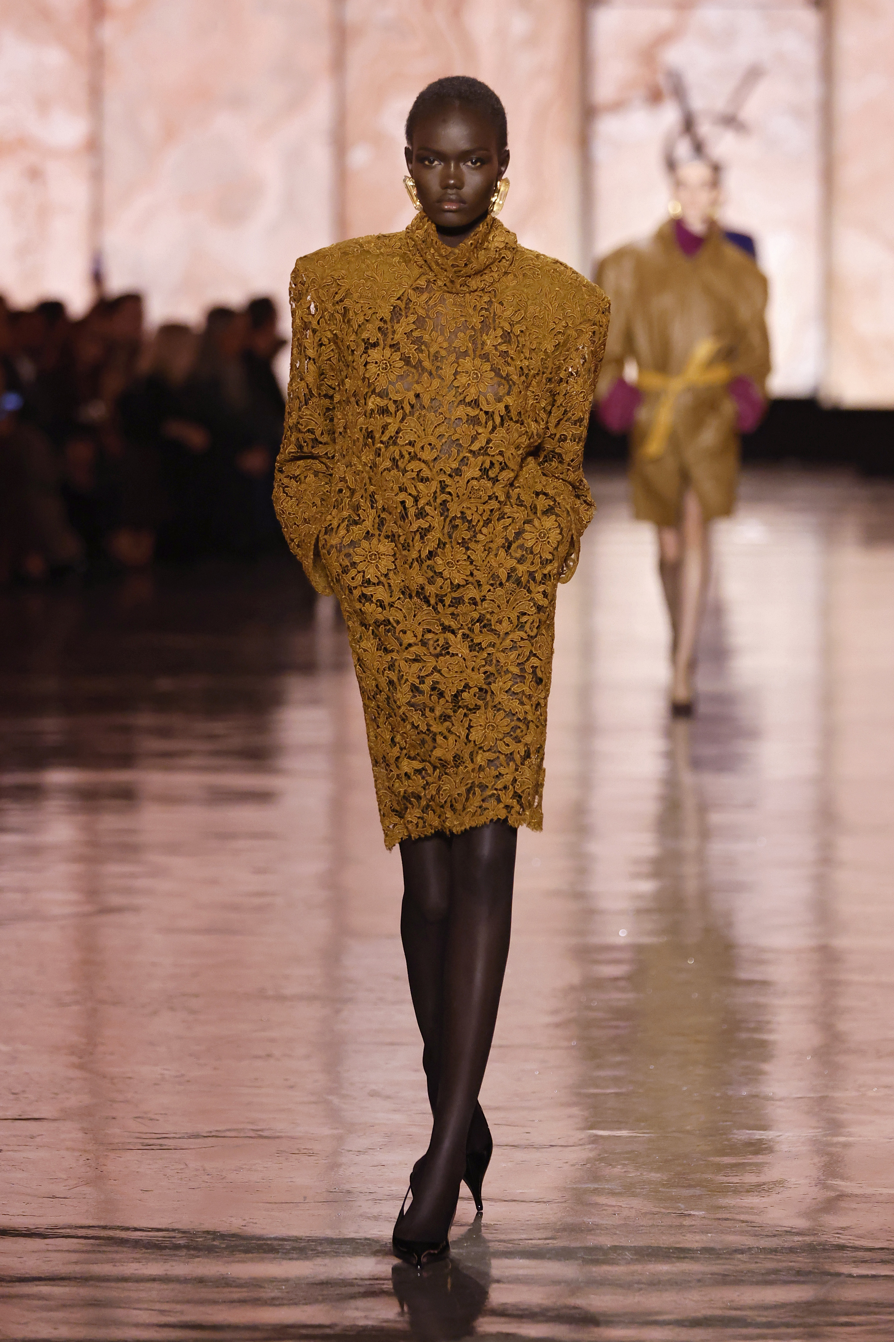 A model walks the runway during the Saint Laurent Womenswear Fall/Winter 2025-2026 show as part of Paris Fashion Week on March 11, 2025 in Paris, France.