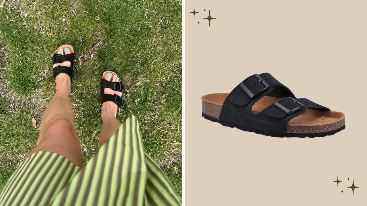 two images, one of black sandals being worn on feet, the other a flat lay image of black sandals 