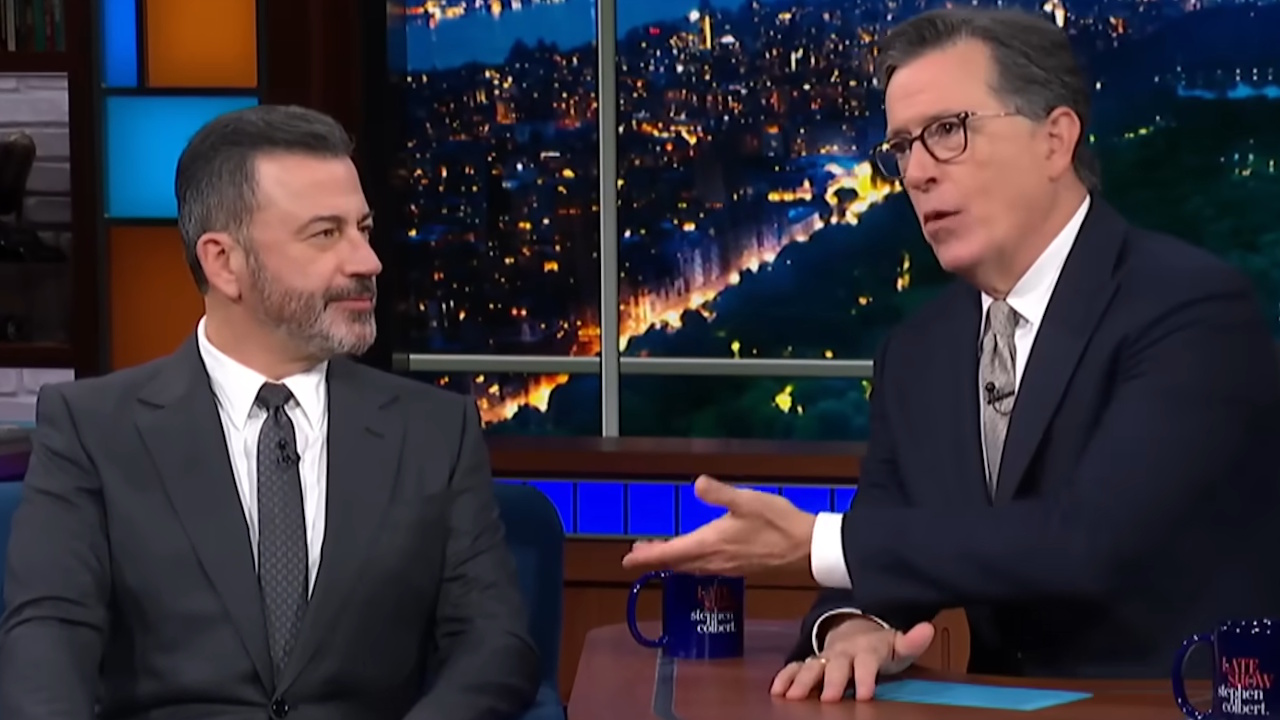 Jimmy Kimmel appears as a guest on The Late Show with Stephen Colbert.