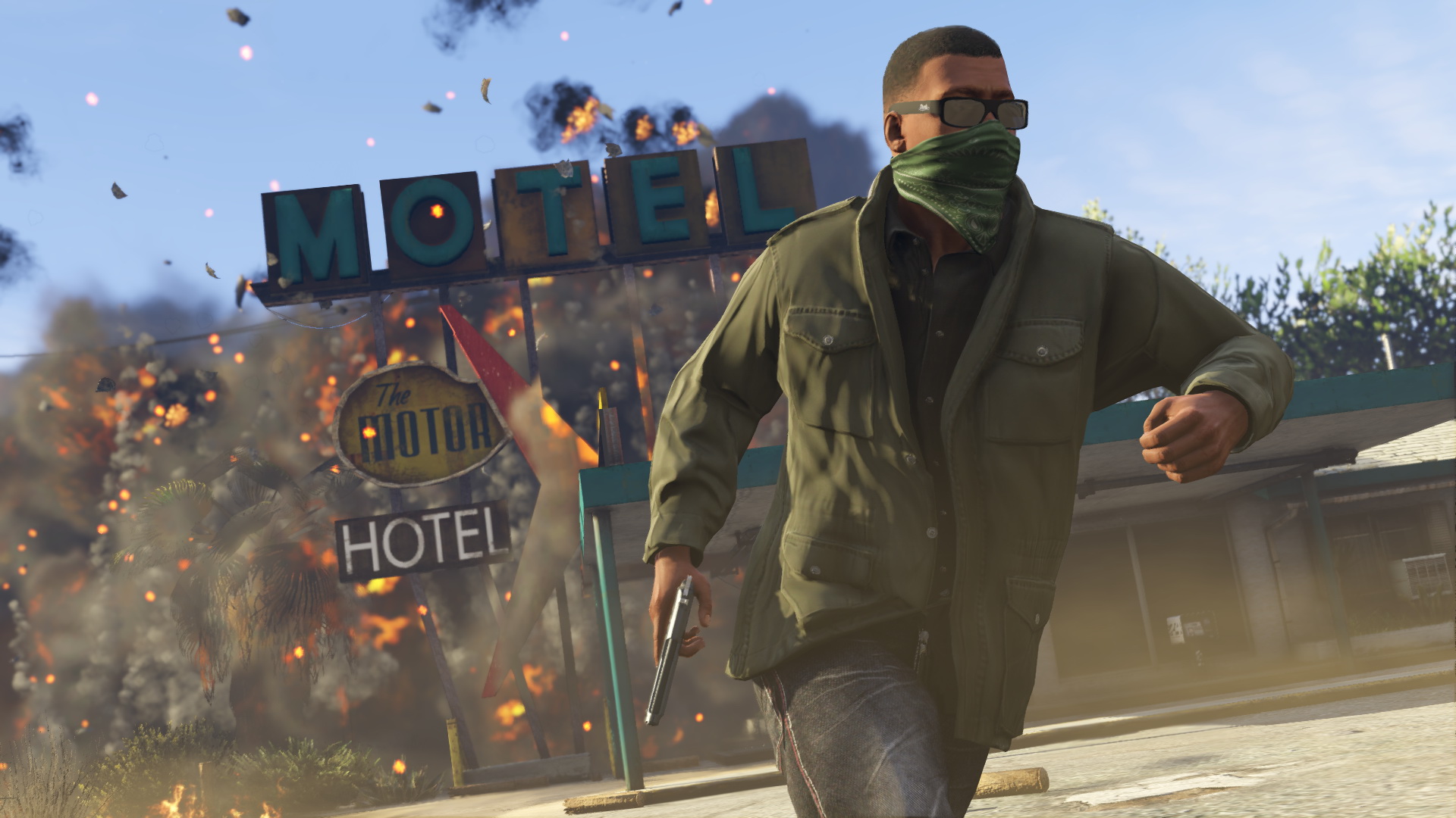 Franklin runs from an exploding motel in GTA5