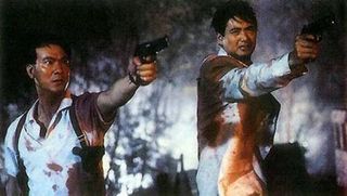 Li and Ah Jong (played by Danny Lee and Chow-Yun Fat, respectively) take aim in the climactic church standoff in John Woo's