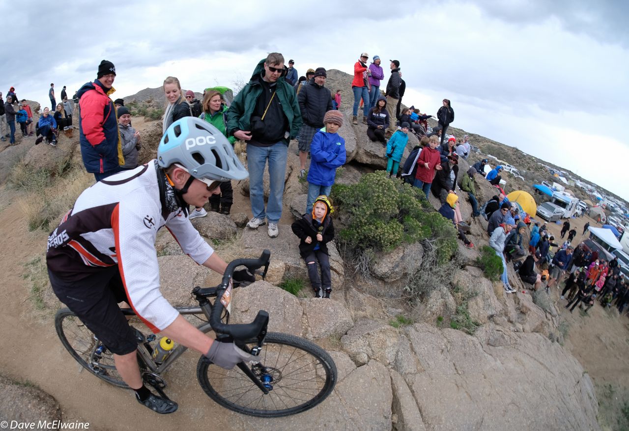 A riders gets ready for a steep descent