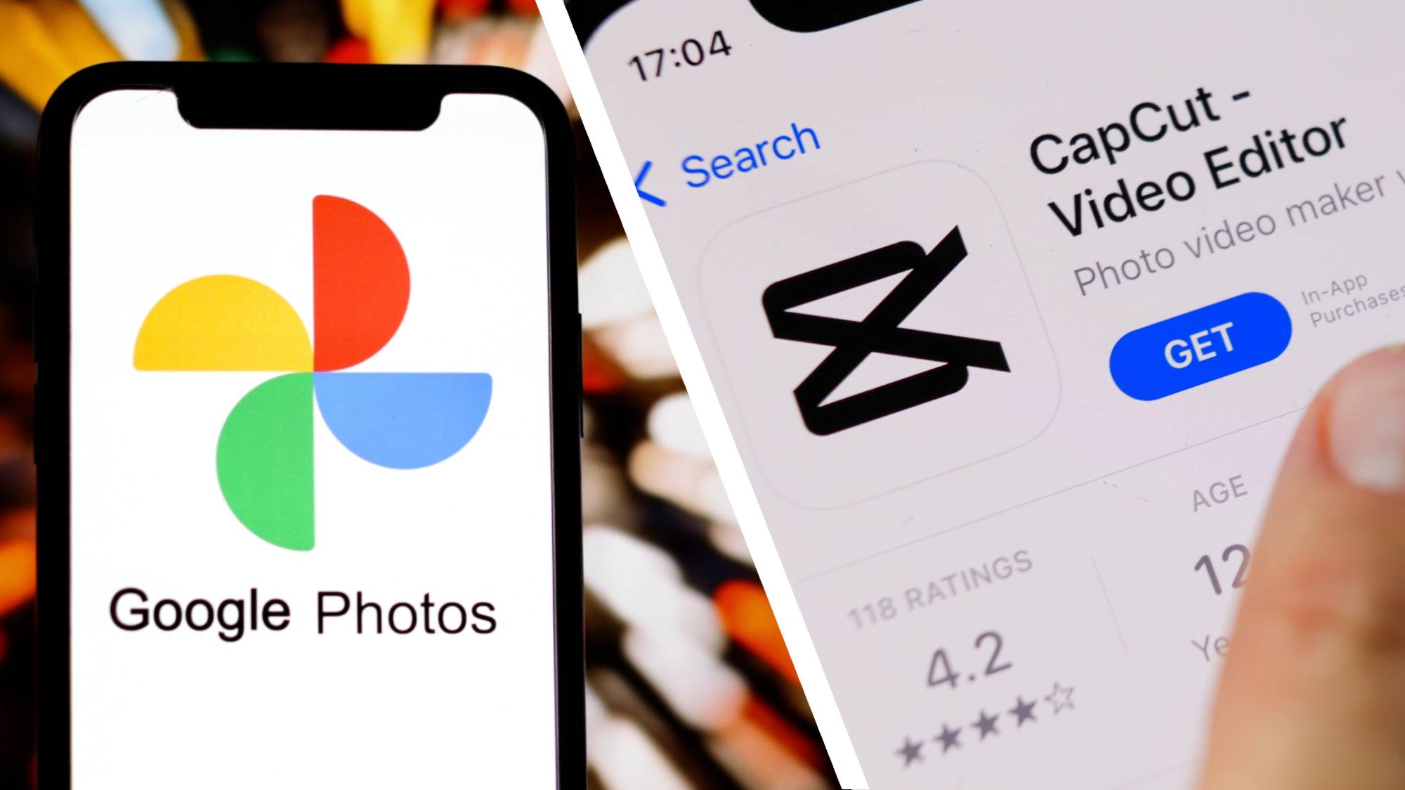 A phone with the Google Photos logo next to another phone with the CapCut app in the iOS app store 