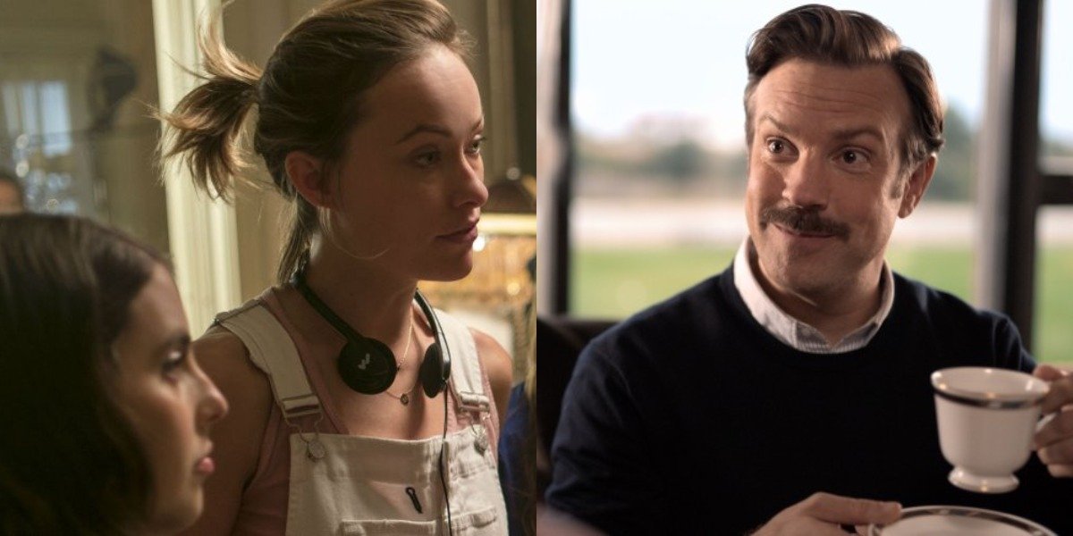 Olivia Wilde on the set of Booksmart and Jason Suidekis as Ted Lasso